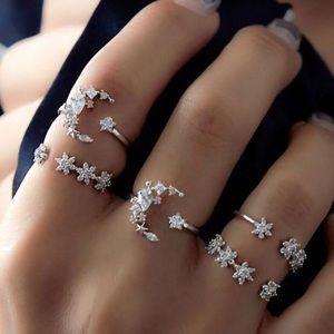 New Silver Boho Moon Star 5 Pieces Rings Set